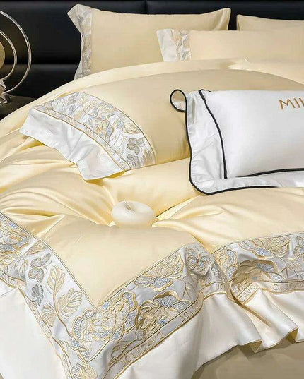 Luxury Rose Butterfly Embroidery 4-Piece Egyptian Cotton Bedding Set