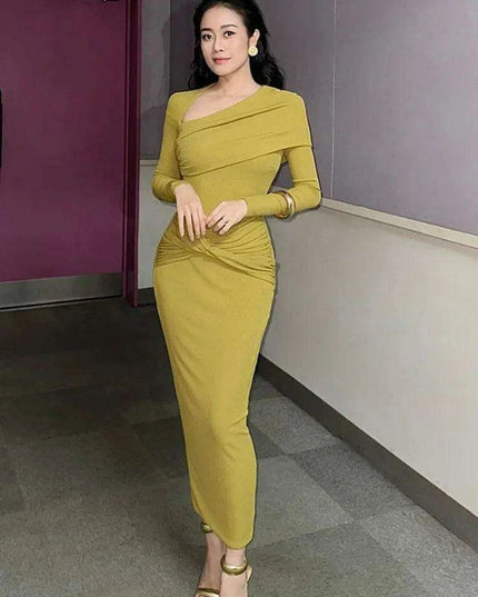 Sophisticated Asymmetrical Knit Dress with Pleats and Cross Collar for Women - Form-Fitting Autumn Evening Dress 2024