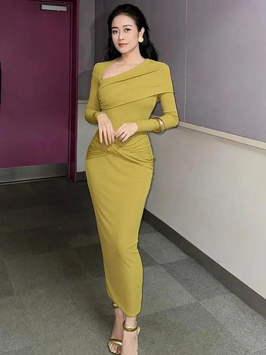Sophisticated Asymmetrical Knit Dress with Pleats and Cross Collar for Women - Form-Fitting Autumn Evening Dress 2024