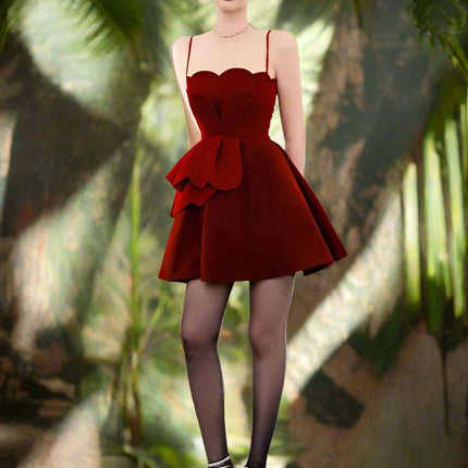 Red Velvet Sleeveless Slip Dress with Trendy Patchwork for Summer