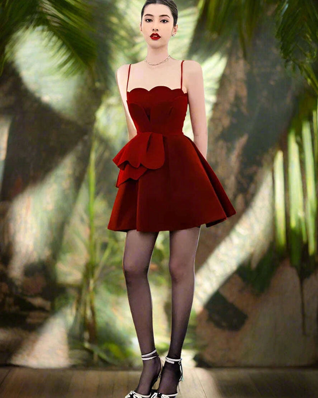 Red Velvet Sleeveless Slip Dress with Trendy Patchwork for Summer