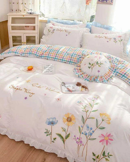 Pastoral Elegance: Embroidered Floral Cotton Bedding Set with Ruffled Details - Duvet Cover, Flat & Fitted Sheets, Pillowcases