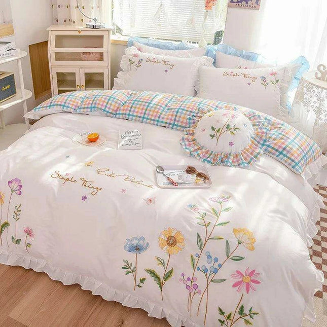 Pastoral Elegance: Embroidered Floral Cotton Bedding Set with Ruffled Details - Duvet Cover, Flat & Fitted Sheets, Pillowcases