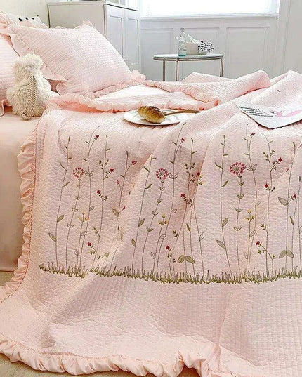 Embroidered Ruffle Flower Summer Quilt Set