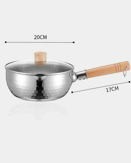 Japanese Stainless Steel Snow Pan with Ergonomic Wooden Handle and Lid - Perfect for Stewing, Frying, and Milk Heating