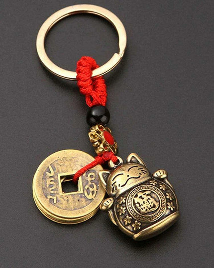 Lucky Fortune Cat Brass Keychain with Five Emperors Coin Charm