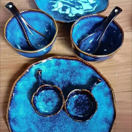 Elegant Nordic Blue Stoneware Dining Set - Safe for Microwave and Dishwasher