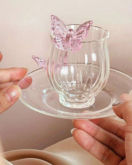 Charming Floral Butterfly Glass Teacup Set - Perfect for Elegant Tea Events