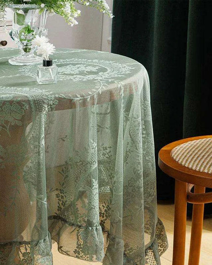 Chic Vintage Dark Green Floral Tulle Tablecloth with Ruffled Edges for Elegant Dining