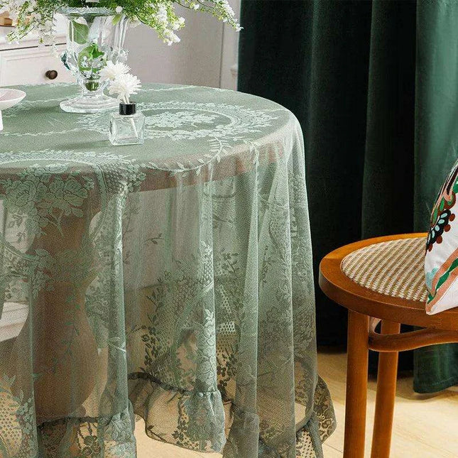 Chic Vintage Dark Green Floral Tulle Tablecloth with Ruffled Edges for Elegant Dining