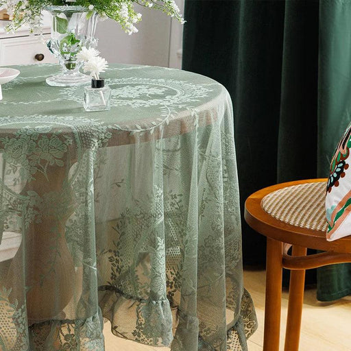 Vintage Dark Green Floral Mesh Tulle Tablecloth with Elegant Ruffles