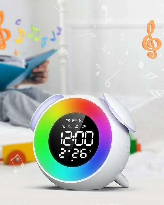 Colorful Rechargeable LED Alarm Clock with Sunrise-Sunset Simulation and Mirror Finish
