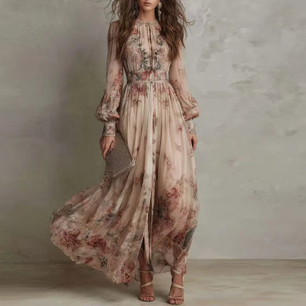 Vintage Floral Pleated Long Dress — High Waist, Long Sleeve, O-Neck