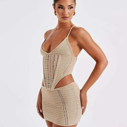 Backless Lace-Up Knitted Crop Top and Mini Skirt Set for Women - Elegant Club Outfit