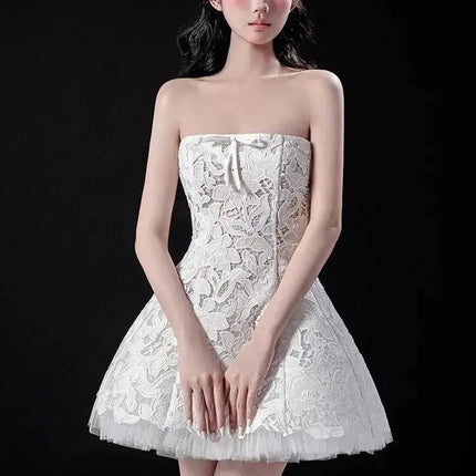 Strapless Lace & Tulle A-Line Mini Dress with Bow Detail — Evening & Party