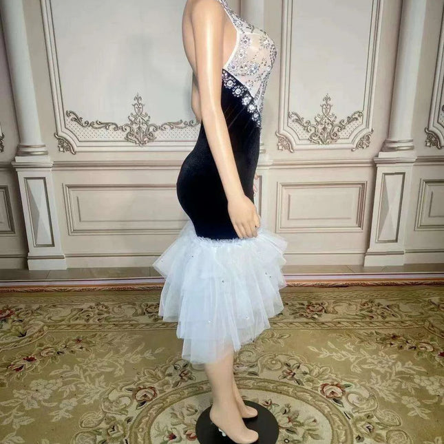 Elegant Black Velour Backless Halter Dress with Sparkling Crystal Details