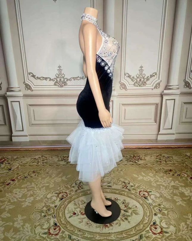 Elegant Black Velour Backless Halter Dress with Sparkling Crystal Details