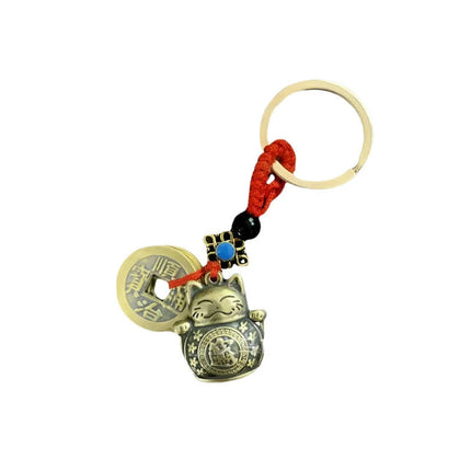 Antique Brass Lucky Cat Keychain with Feng Shui Coin & Five Emperors Charm