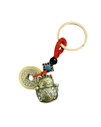 Antique Brass Lucky Cat Keychain with Feng Shui Coin & Five Emperors Charm