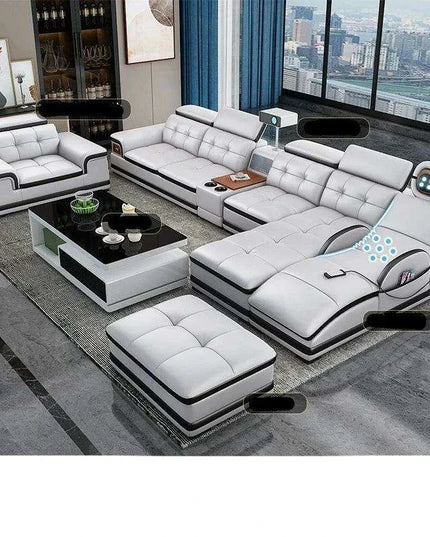 Elegant Italian Leather Bluetooth Sofa Set with Massage Features, Integrated Speaker, Projector, USB Charging Ports, and Convenient Cup Holder - Contemporary Comfort Solution