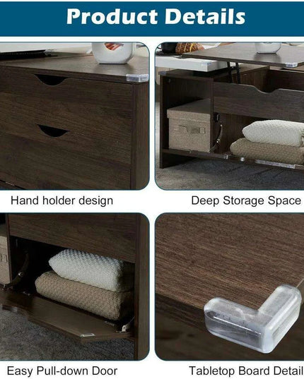 Modern Lift Top Coffee Table with Hidden Storage and Fabric Organizers - Elegant Dark Walnut Finish