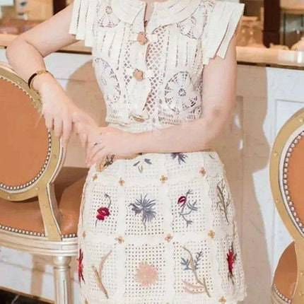 2-Piece Embroidered O-Neck Top and Short Skirt Set for Women