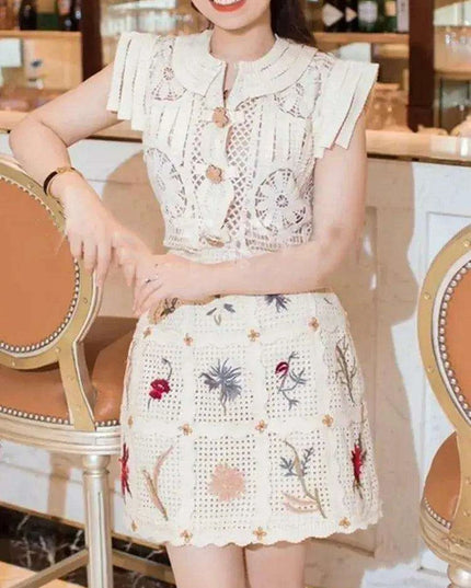 2-Piece Embroidered O-Neck Top and Short Skirt Set for Women