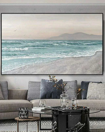 Coastal Calm: Hand-Painted Abstract Ocean Beach Oil Canvas Art