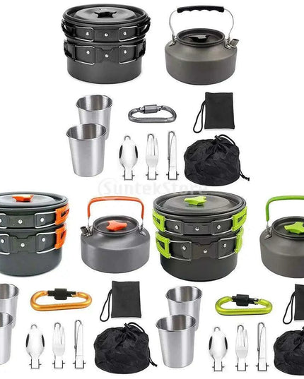 All-in-One Portable Camping Cookware Set with Non-Stick Cookware, Kettle, and Collapsible Utensils for Outdoor Adventures