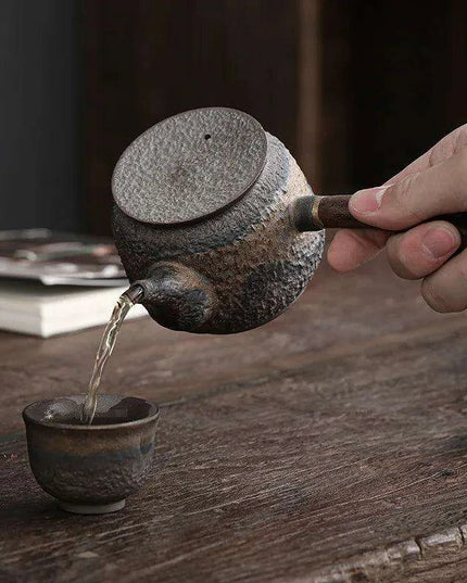 Elegant Blackwood-Handled Iron Glazed Japanese Kung Fu Teapot