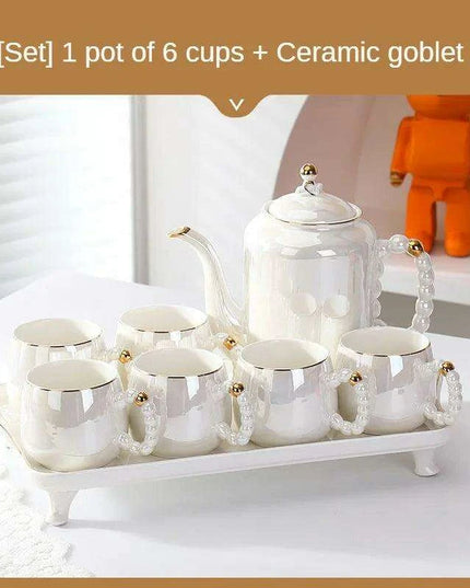 Sophisticated Pearl Ceramic Tea and Beverage Serving Collection with Coffee Pot and Cups