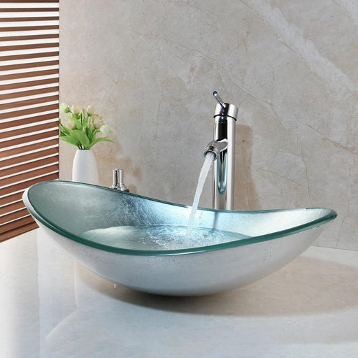 Modern Contemporary Art Design Oval Bathroom Glass Sink Faucet Set with Premium Tempered Glass Construction