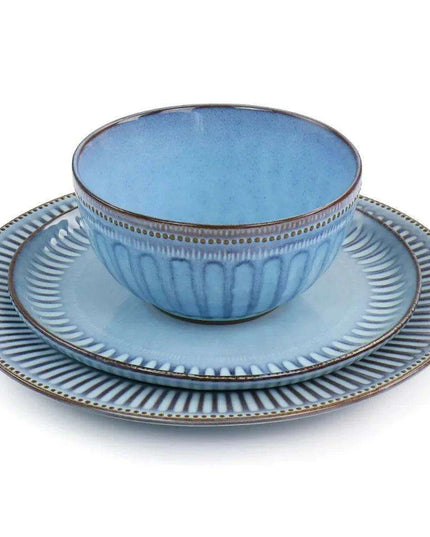Artisan Blue Haze 16-Piece Stoneware Dinnerware Set - Unique Reactive Glaze with Distinctive Color Variations