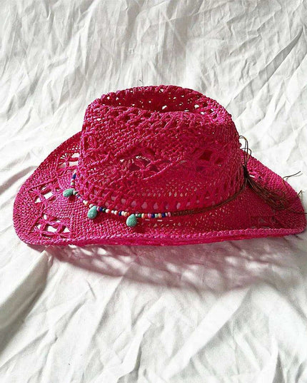 Rose Red Cowboy Straw Hat - Adjustable Wide Brim Sun Hat for All Seasons