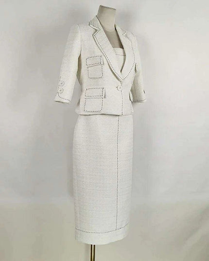 Elegant Women's Autumn 2-Piece Suit with Contrast Lines Belted Jacket and Slim Tweed Dress
