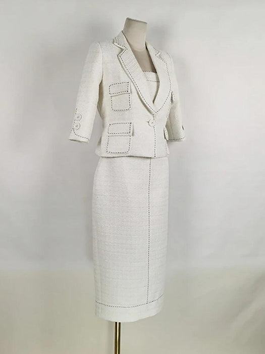 Elegant Women's Autumn 2-Piece Suit with Contrast Lines Belted Jacket and Slim Tweed Dress