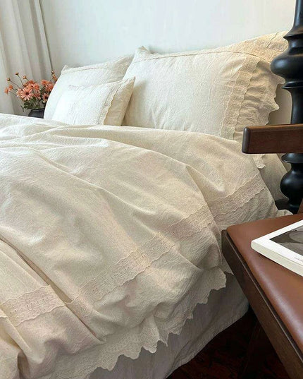 French Vintage Elegant Cotton Linen Lace Duvet Cover and Sheet Set - 4 Piece Collection
