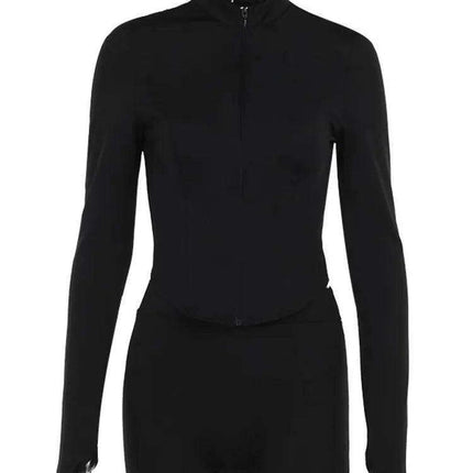 Black Zippered Athletic Tracksuit with Long Sleeve Top and Shorts Set