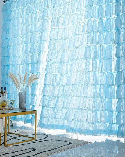 Elegant Blue Ruffled Semi-Blackout Curtains for Living Spaces and Girls' Rooms - Soft Tulle Drapes
