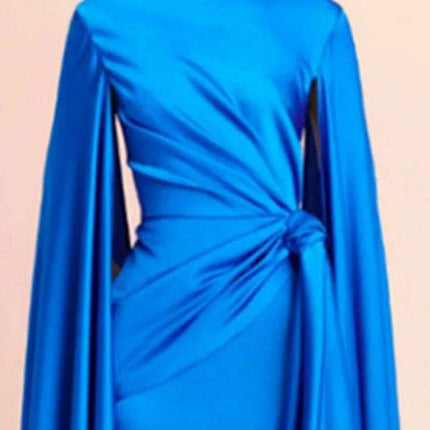 Chic Pleated Evening Dress with Bow Waist and Elegant Cape Sleeves - Summer Collection 35Z774