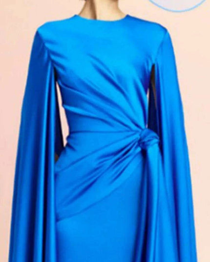 Chic Pleated Evening Dress with Bow Waist and Elegant Cape Sleeves - Summer Collection 35Z774