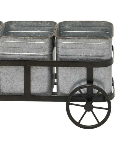 Charming 29" Rustic Wagon Planter with Galvanized Iron Pots