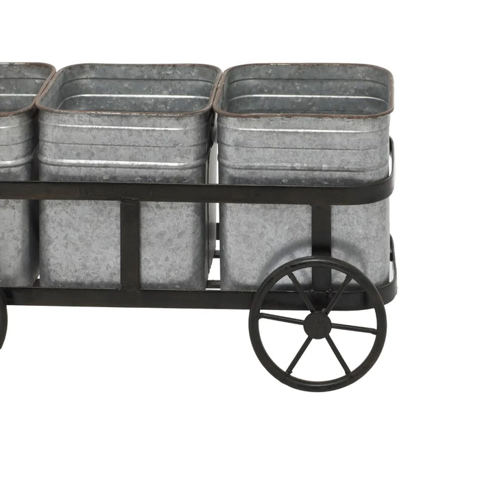 29" x 16" Rustic Farmhouse Style Planter Wagon with Galvanized Iron Pots