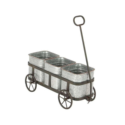 Charming 29" Rustic Wagon Planter with Galvanized Iron Pots
