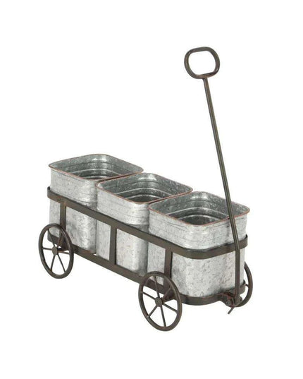 Charming 29" Rustic Wagon Planter with Galvanized Iron Pots