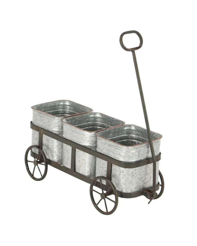 Charming 29" Rustic Wagon Planter with Galvanized Iron Pots