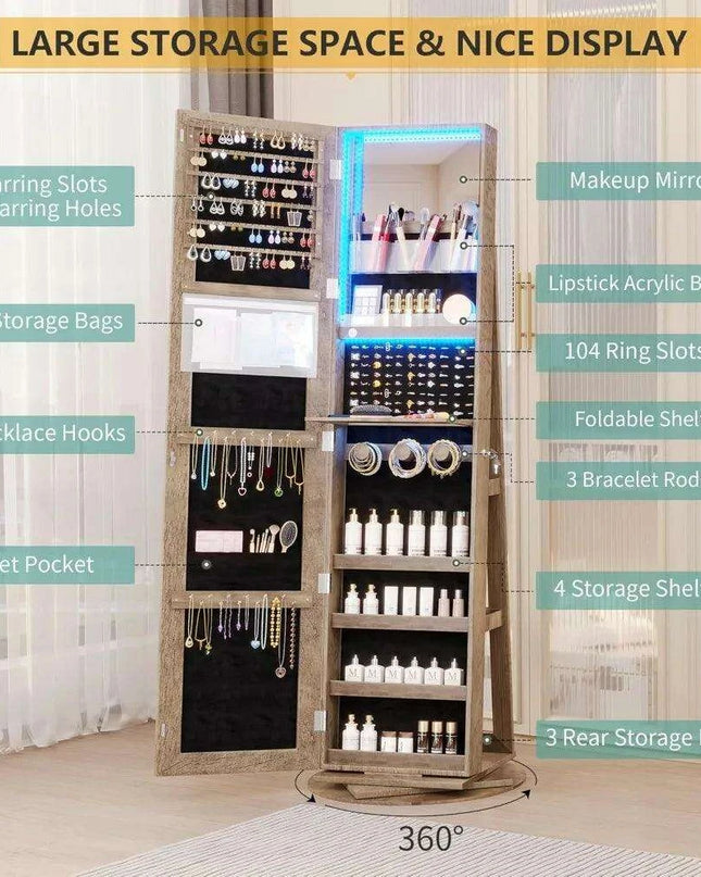 Jewelry Armoire with Full Length Mirror and 360° Rotation
