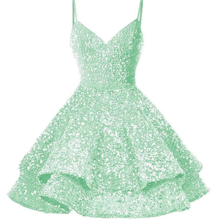 Sparkling Tiered Sequin Spaghetti Strap Short Cocktail Dress for Young Women