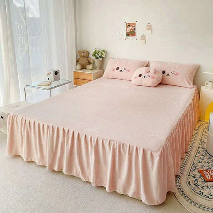 Charming Pink Bunny Applique Fleece Bedding Set - Duvet Cover, Fitted Sheet, Bed Skirt & Pillowcases