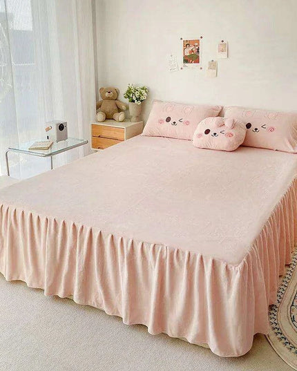 Charming Pink Bunny Applique Fleece Bedding Set - Duvet Cover, Fitted Sheet, Bed Skirt & Pillowcases